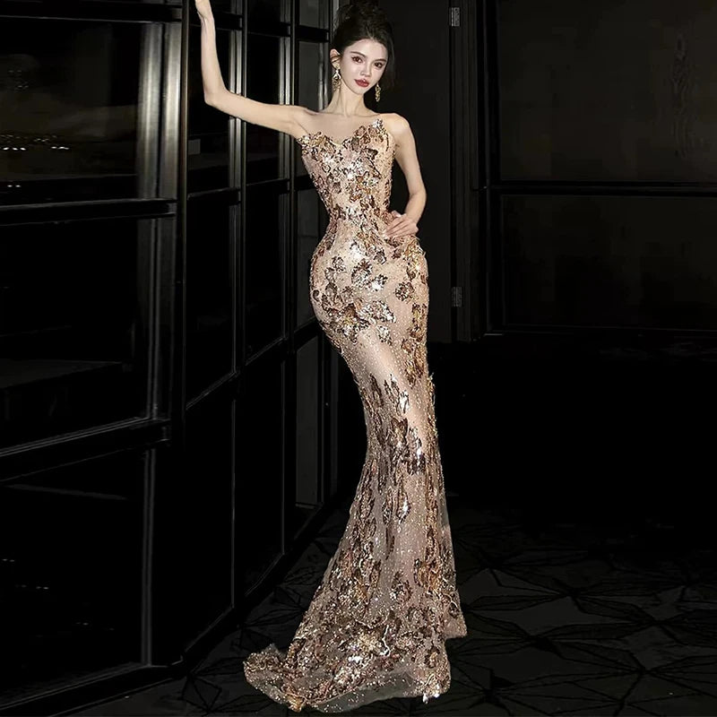 Luxury Champagne Gold Sequin Mermaid Evening Dress | SAMAG
