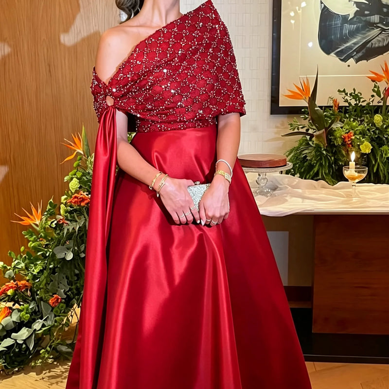 Luxury Asymmetric Off Shoulder A-Line Evening Dress Bead | SAMAG