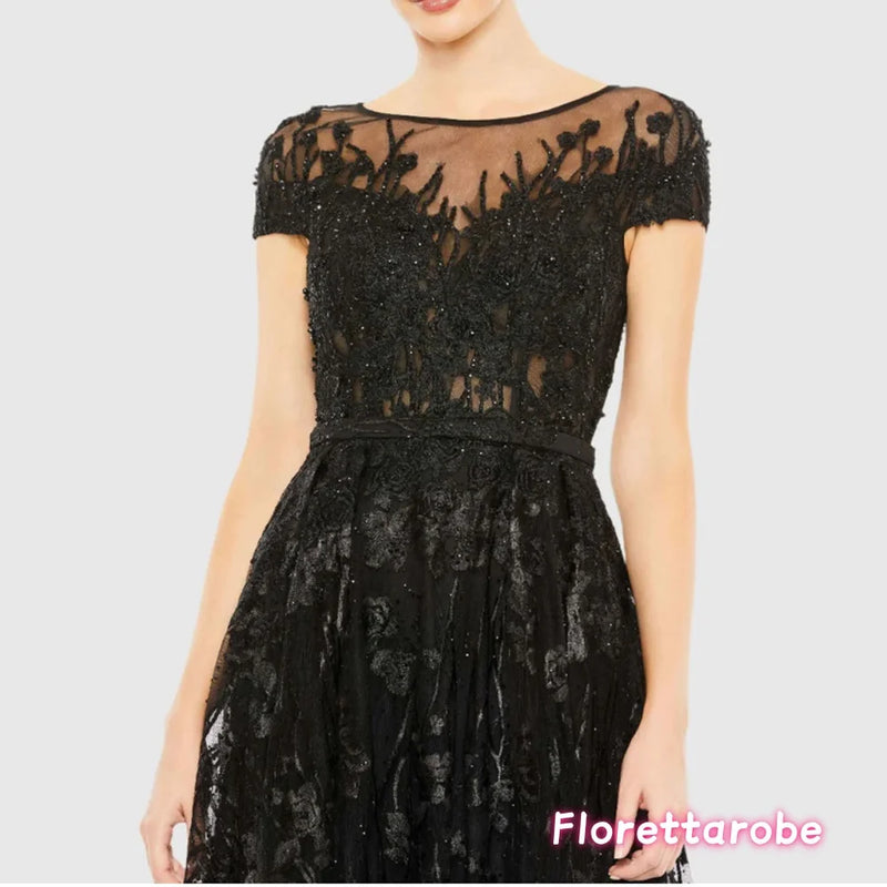 Customized Black Lace Appliques Prom Dress Long Sleeves | SAMAG