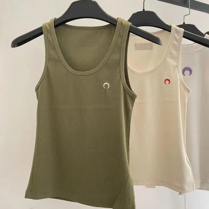 High Street Tank Top Sleeveless Women Moon Embroidery Korean Style Cotton Slim Fit Versatile Bottom Strap Tops