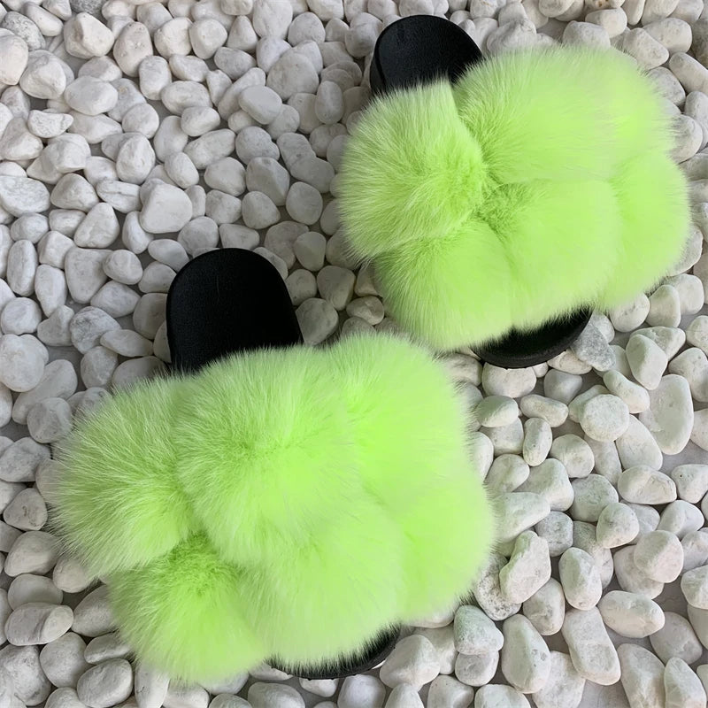 Fur Slides Factory Supply Mixed Color Pom Pom Six Balls Fox Fur Multi-Color Fluffy Fur Slippers For Women