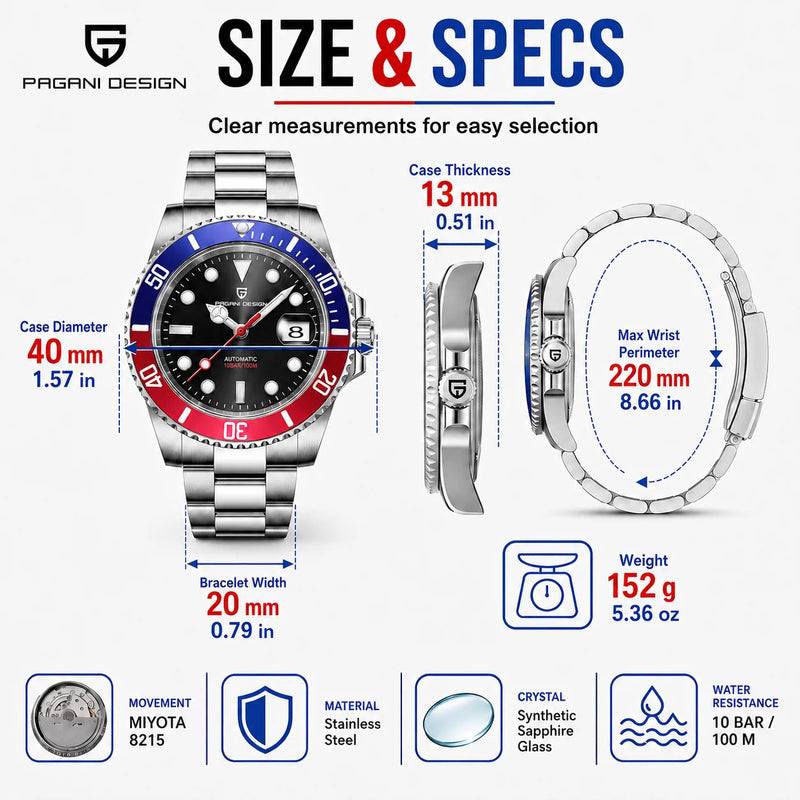 PAGANI DESIGN Men Watches Automatic Watch Mechanical Sapphire Glass Stainless Steel Luminous Date Luxury - Visuel 9 | SAMAG