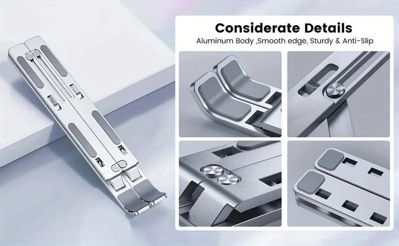 Adjustable Aluminum Laptop Stand - 6-Level Height, Foldable & Portable Design For 8-16” Laptops, Enhanced Ventilation & Heat