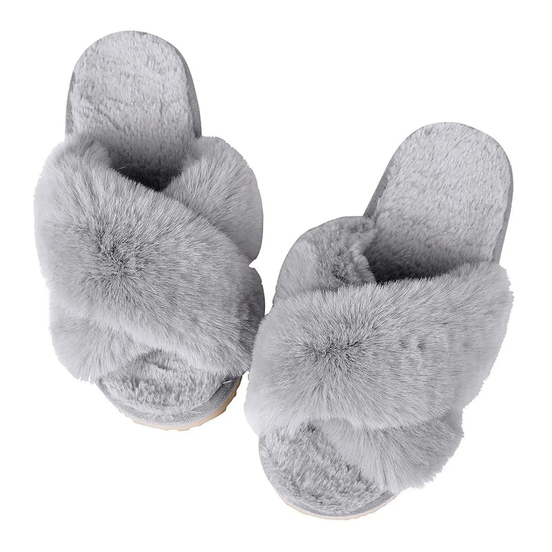Comwarm Women's Cross Band Fuzzy Slippers Fluffy Open Toe House Slippers Cozy Plush Bedroom Shoes Indoor Outdoor Fur Sandals