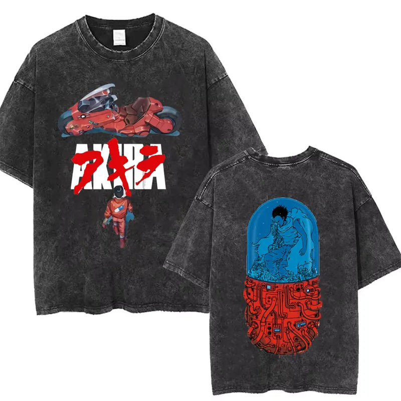 Washed Retro Japanese Anime Akira Print 100%Cotton Men Woment T-shirt Summer Autumn Daily Sports Party Casual Loose Short Sleeve