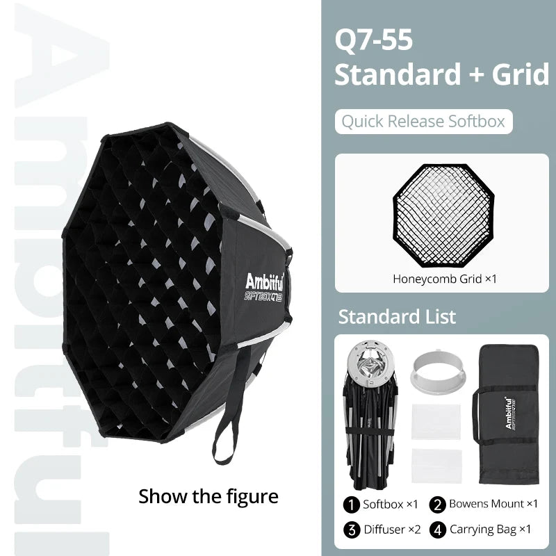 AMBITFUL 30x120cm 55cm 65cm 90cm One Touch Open Octagon/Rectangle Softbox Bowens Mount for Outdoor Studio Photography Side Wing