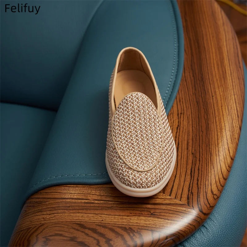 Handwoven Flax Straw Caual Shoes Men's Summer Breathable Linen Chinese Style Casual Wheat Color Genuine Leather Loafers Slip-On