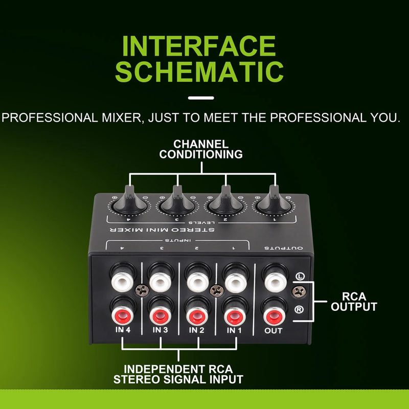 Portable CX400 Passive Stereo Mixer 4-Channel Small Audio Mixer Stereo Dispenser with RCA Inputs For Live Studio DJ Equipment