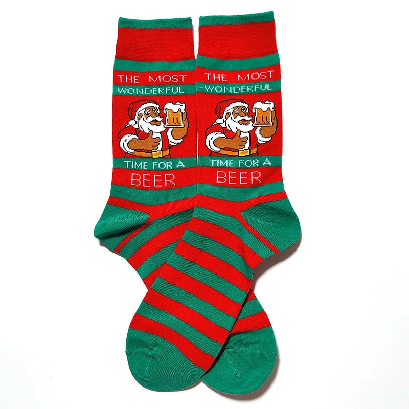 2025 New Men Christmas Socks New Year Funny Snowflake Beer Santa Claus Elk Snow Cotton Happy Socks Men Cartoon Women Sokken