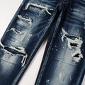 Men Holes Patchwork Denim Jeans Streetwear Dark Blue | SAMAG