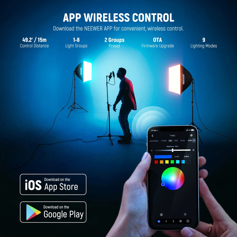 NEEWER RGB Softbox Lighting Kit With App Control & 9 Effect Modes, 2 Pack 26W FCC/IC/UL Certified LED Bulbs CRI93+ TLCI98+,