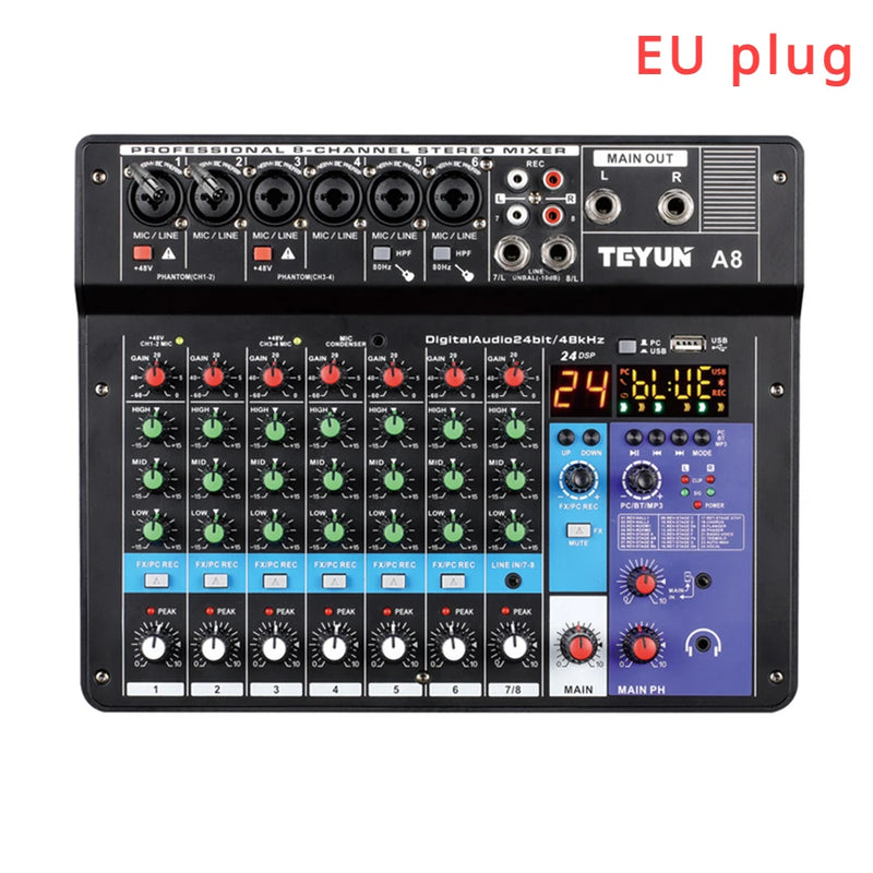 TEYUN 8 Channel Audio Mixer Professional Portable DJ Mixer Sound Table Board Digital MP3 Computer Input 48v Power Number A6 A8