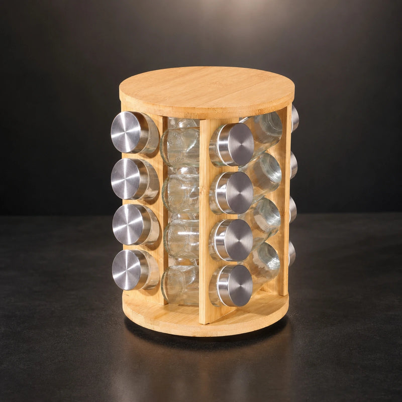 Bamboo Seasoning Rack with Glass Jars Countertop with Bottle Set Revolving Rotating for Cooks - View 3 | SAMAG