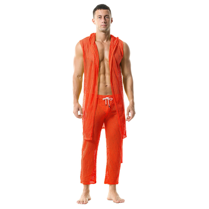 Men's Fishnet Hollow Out Robes Classic Lounge Pants Sexy Sleepwear Mens Robe Sets Daily Home Sleeveless Bathrobes Hooded Pajamas