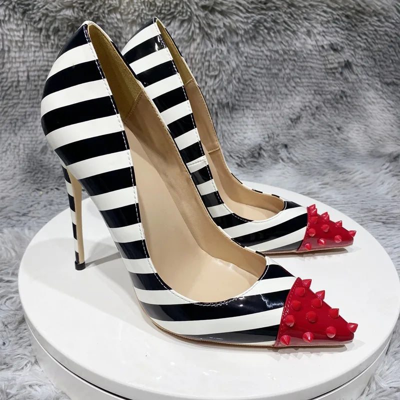 Black and white striped patent leather color blocked rivet pointed thin heel shallow mouth sexy super high heels single shoe