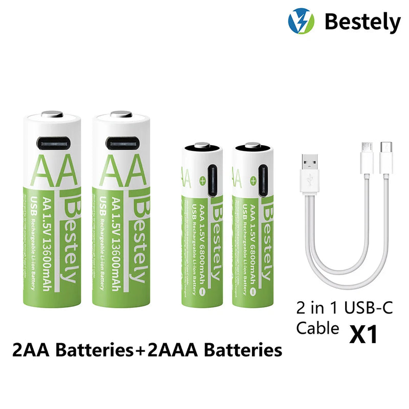 1.5V AA 13600mAh + AAA 6800mAh Rechargeable Lithium Battery Set with USB-C Fast Charging Type C Cable