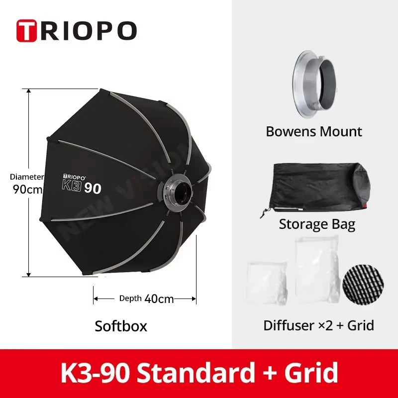 TRIOPO K3 Series 55cm 65cm 90cm 120cm Quick-Setup Octagon Softbox Bowens Mount for Godox Aputure Sokani Studio LED Video Light