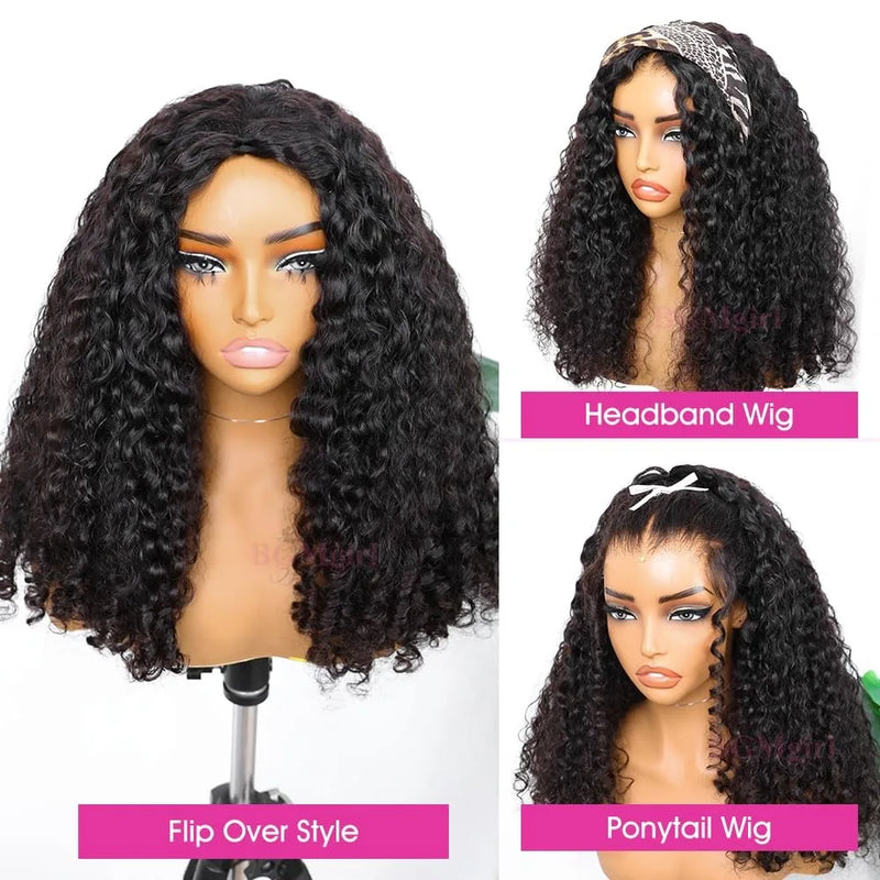 Burmese Curly 3 IN 1 Half Wigs Human Hair Wig Glueless Wigs Ready to Wear Half Wig Drawstring Clip Burmese Curly Hair Half Wig