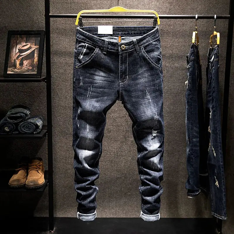 American Elastic Straight Jeans Men Ripped Worn-out | SAMAG