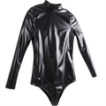 Ftshist Women Glossy PU Leather Bodysuit Long Sleeve High Neck Back Zipper Tight Fit Stretchy Club Cosplay Dance Costume