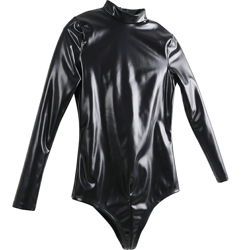 Ftshist Women Glossy PU Leather Bodysuit Long Sleeve High Neck Back Zipper Tight Fit Stretchy Club Cosplay Dance Costume