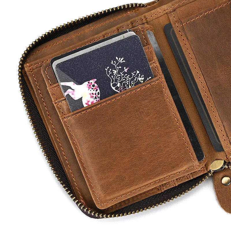 Men Crazy horse Genuine Leather Coin Wallet Real Leather Snap Short Purse Women Coin Pocket Zip Around Small Trifold Pocket