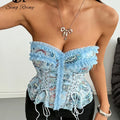 SINGREINY Holiday Paisley Print Corset Top Women Strapless Lace Up Slim Backless Camsiole 2026 Floral Blue Mesh Luxury Short Top