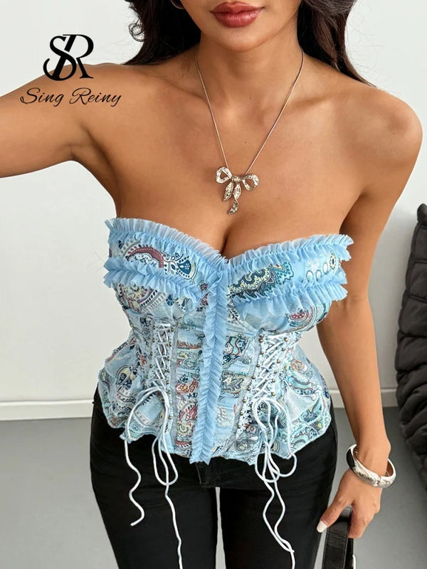 SINGREINY Holiday Paisley Print Corset Top Women Strapless Lace Up Slim Backless Camsiole 2026 Floral Blue Mesh Luxury Short Top