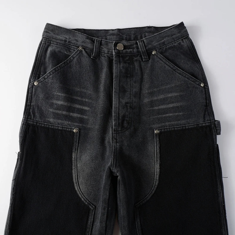 Men Patch Cargo Denim Jeans Streetwear Rivet Released Hem | SAMAG