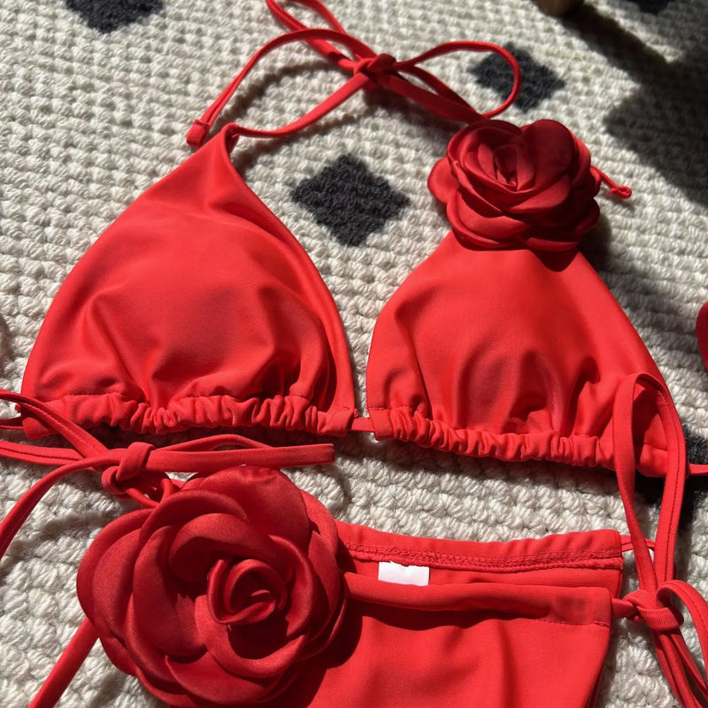 Sexy 3D flower bikinis sets triangle two pieces rose | SAMAG