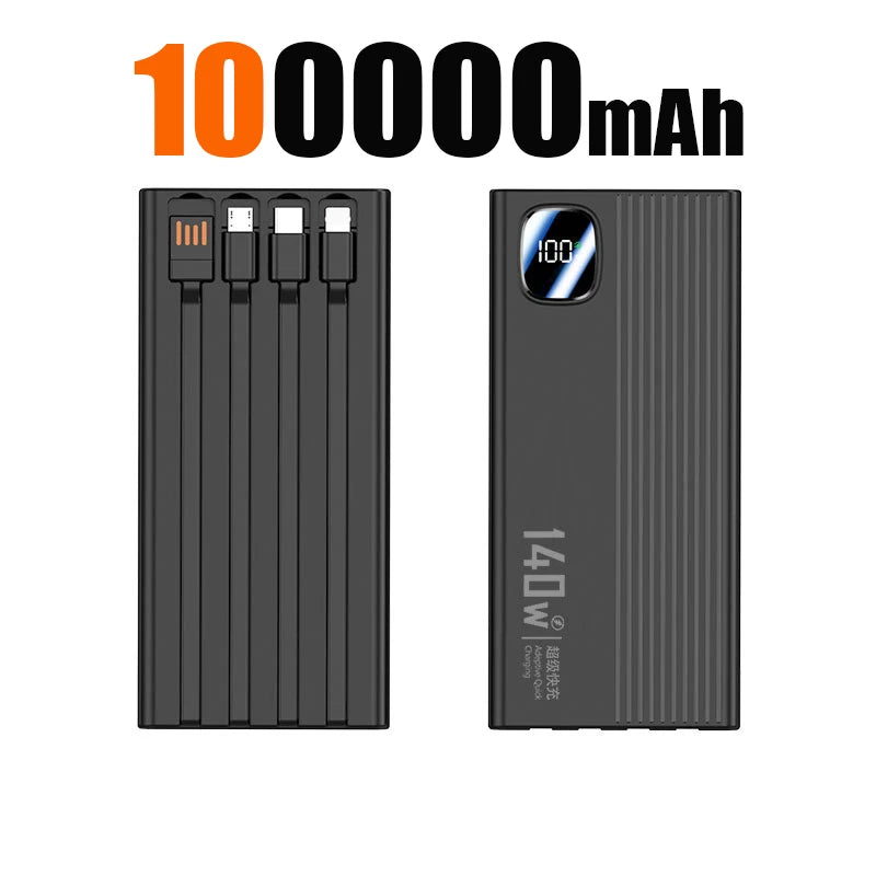 140W 200000mAh Power Bank Large Capacity 4 In1 Cables Intelligent Digital Display Light Portable Powerbank For iPhone Huawei New