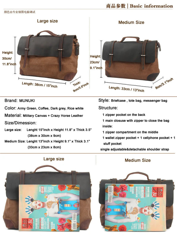 Vintage Military Canvas Leather Men Messenger Bag Men Shoulder Bag Men Bag tote Handbag Leather Briefcase Crossbody Bag Sling