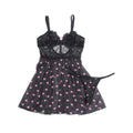 Black Heart Print Lace Babydoll Lingerie Set for Women Push Up Underwire Nightdress Mesh Sleepwear with Panties