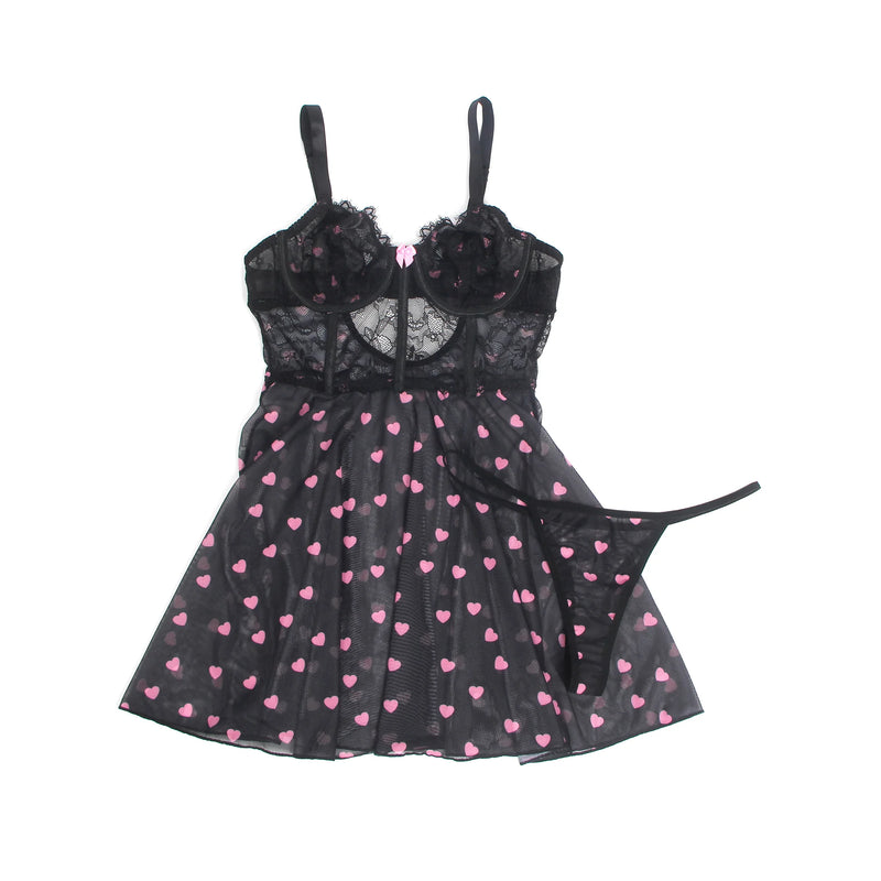 Black Heart Print Lace Babydoll Lingerie Set for Women Push Up Underwire Nightdress Mesh Sleepwear with Panties