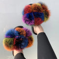 Fur Slides Factory Supply Mixed Color Pom Pom Six Balls Fox Fur Multi-Color Fluffy Fur Slippers For Women