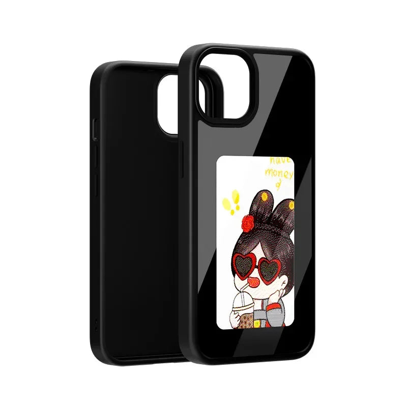 Smart E-ink Screen Phone Case For IPhone 16 15 14 13 12 11 Pro Max NFC Refesh Photo Anime Characters Girl Silicone Phone Cover