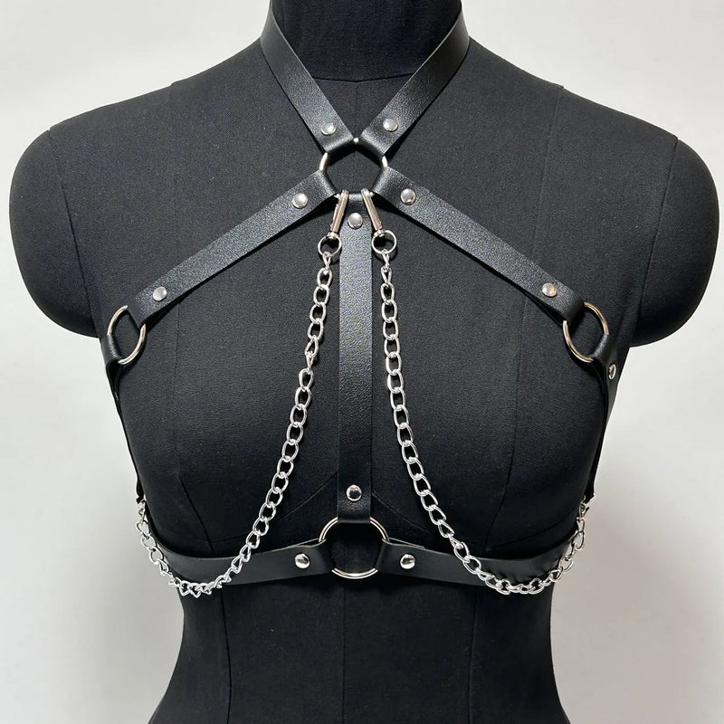 Women Fashion Full Body Chain Leather Waist Belt and Thigh Garter Set, Punk Gothic Metal Chain Suspenders for Festival Cosplay