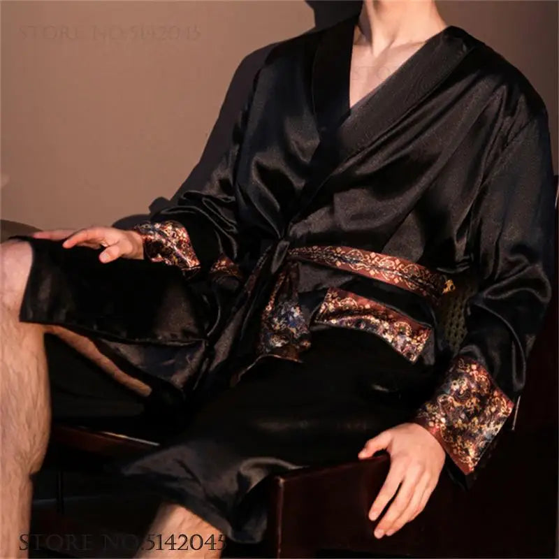 High Quality Men's Robe Pajamas Ice Silk Homewear Spring Summer New Long Sleeve Bathrobe Loungewear Loose Lingerie Sleepwear
