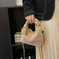Women Faux Fur Plush Handbags Ruched Handle Small Lady Shoulder Crossbody Bag Casual Tote Half-Moon Hobos Winter Bags for Women
