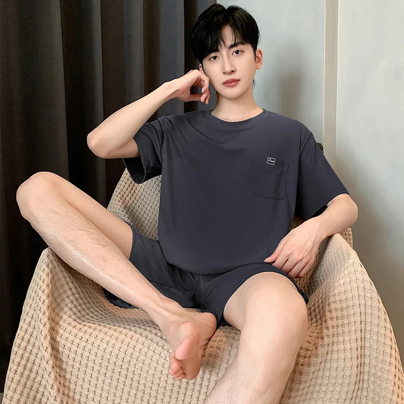 Summer New Men's Pajamas Homewear Set Men's Short-Sleeved Shorts Teenage Students Solid color Casual Pajamas Homewear Set