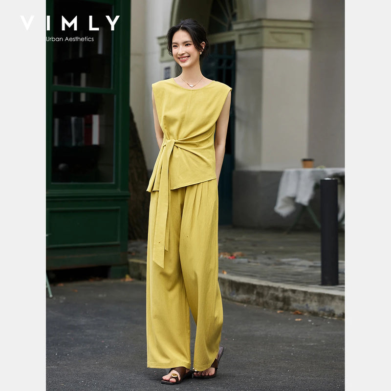 VIMLY Women's Yellow Two-piece Set 2026 Summer Round Neck Side Bow Tie Sleeveless Top Casual Fashion Wide Leg Long Pants A2370