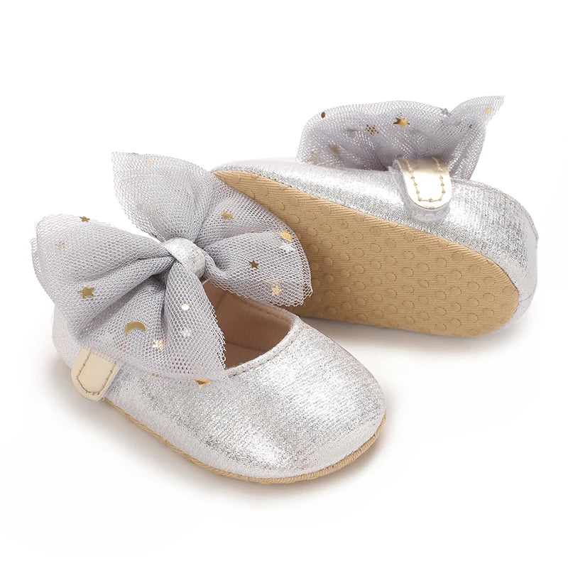 Spring and Autumn Baby Cute Silver Princess Shoes 0-12 Months Comfortable Walking Shoes for Baby Girls