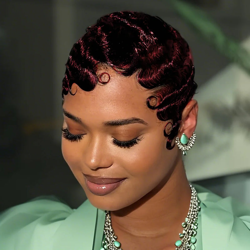 Elegant Human Hair Wave Pixie Cut Wig Layered Style For Women 180% Density Machine Made Hair