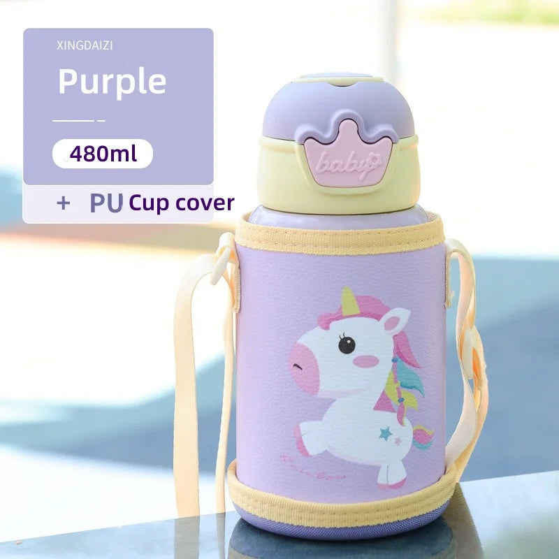 480ml Kids Thermos Bottle Cute Children's Thermal Water Bottle with Straw Stainless Steel Thermos Mug for Kid Portable Water Cup