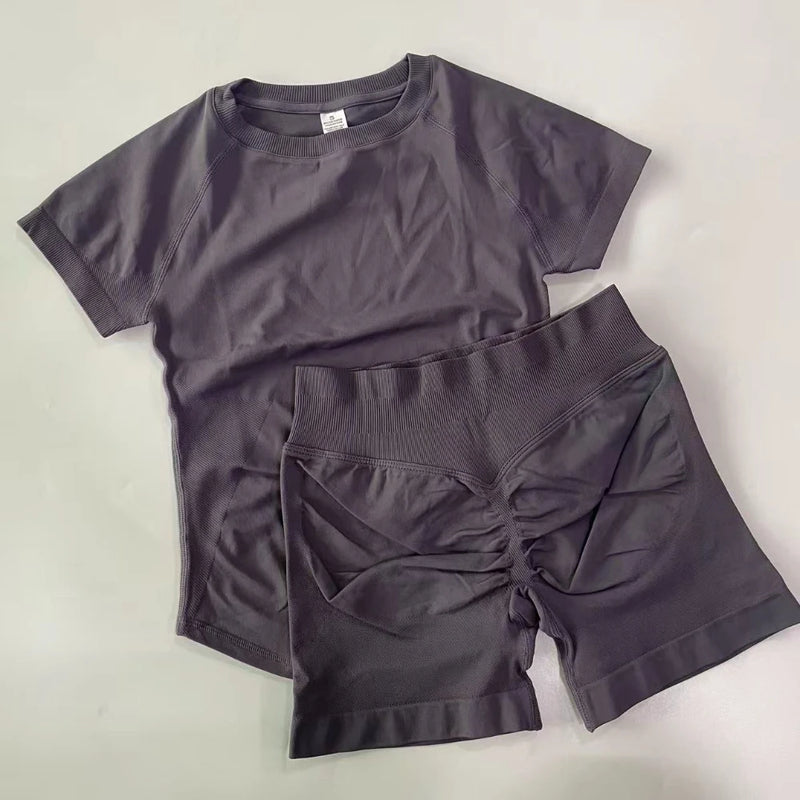 1-2 Pieces Sports Sets Short Sleeve Seamless Yoga Top Gym Suit T-shirt Set Fitness Set Women Workout Running Sports Shorts