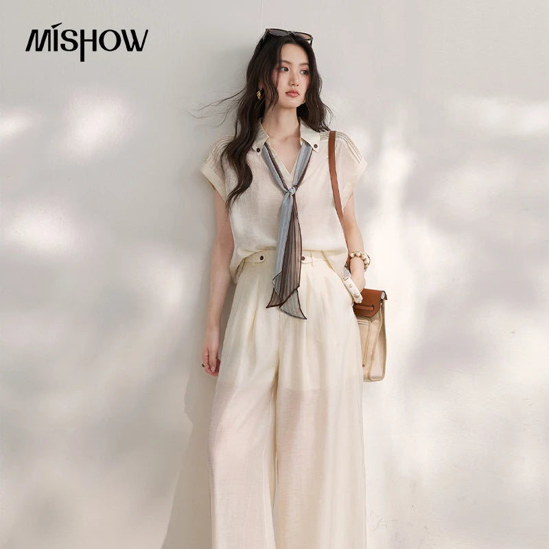 MISHOW Women's Linen 2 Piece Sets 2026 Summer Lapel V-neck Shirt High Waist Wide Leg Pants Set with Scarf Office Lady MXF20T1713