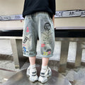 Kids Boys Graffiti Drawing Denim Shorts Elegant Children Casual Ripped Short Jeans Capris Pants 5 6 7 8 9 10 11 12 13 14 Year
