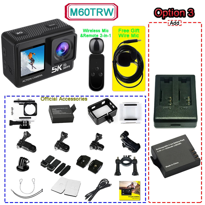 Action Camera 5K 4K60FPS  50MP 2" Touch Dual Screen 5X Zoom Wi-Fi EIS  170° DVR Webcam Wireless Mic 30M Waterproof Sport Camera