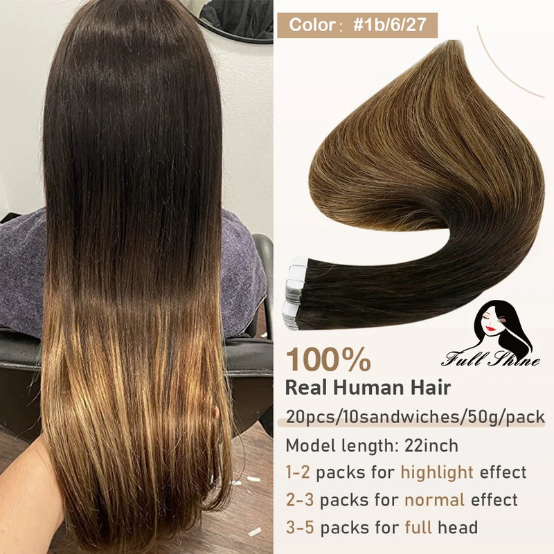 Full Shine Tape In Hair Extensions Human Hair 100% Remy Natural Human Hair Seamless Skin Weft Seamless Color Glue For Women