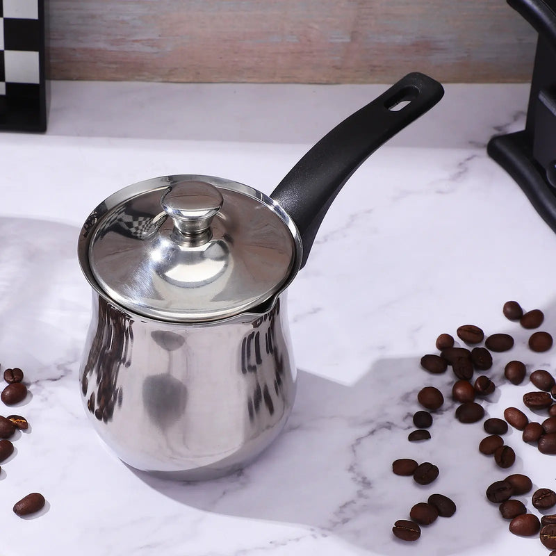 Stainless Steel Turkish Coffee Pot 360Ml Long Handle Lid Milk Warmer Pot Tea Brewing Small Sauce Pan Stovetop Induction Coffee